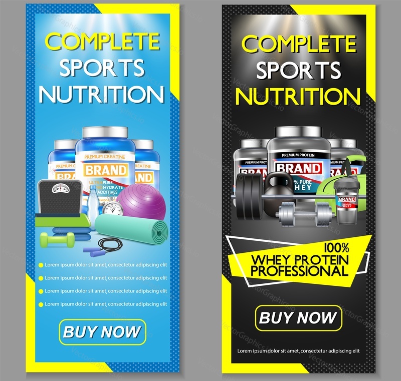 Complete sports nutrition vector vertical banner set. Sports nutrition supplements whey protein and creatine powder brand advertising web templates.