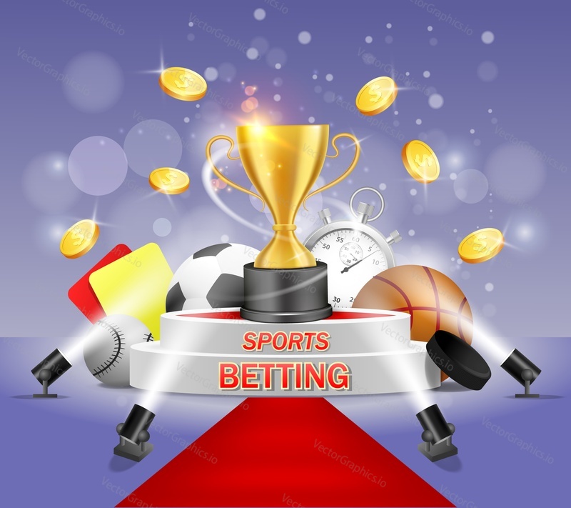 Sports betting vector poster banner design template. Gold cup on white podium with red carpet illuminated by floor spotlights. Sport balls, hockey puck, yellow and red referee cards and dollar coins.