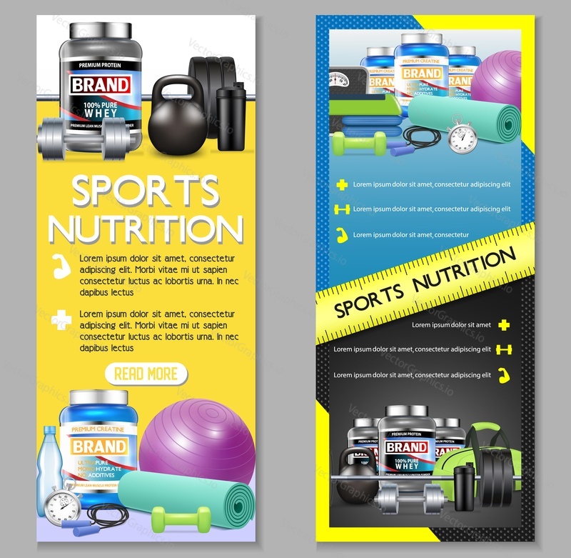 Sports nutrition vector vertical banner set. Sports nutrition supplements whey protein and creatine powder brand advertising web templates.