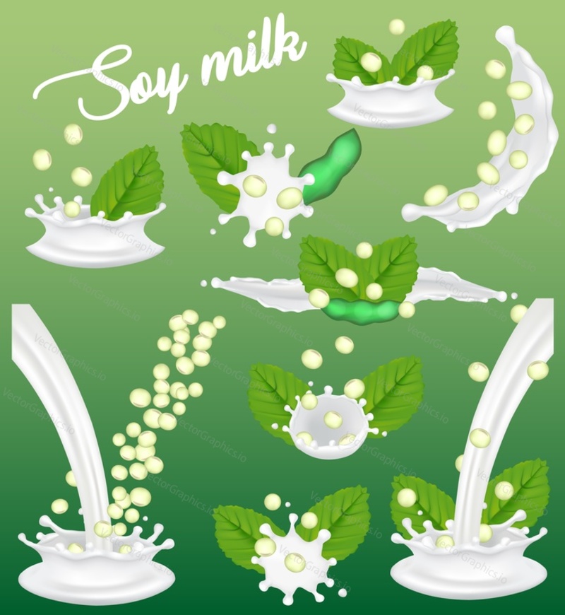 Soy milk splash set. Vector realistic illustration of soybeans in vegan plant milk splashing and pouring. Vegetarian lactose free product,