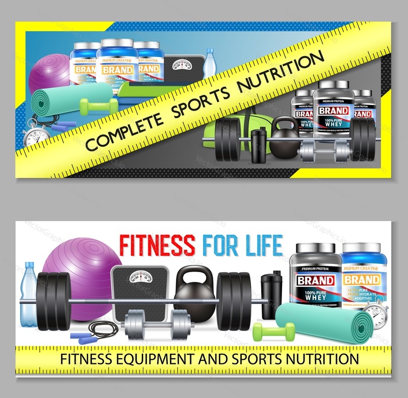 Sports nutrition vector horizontal banner set. Complete sports nutrition product and fitness equipment advertising web templates.