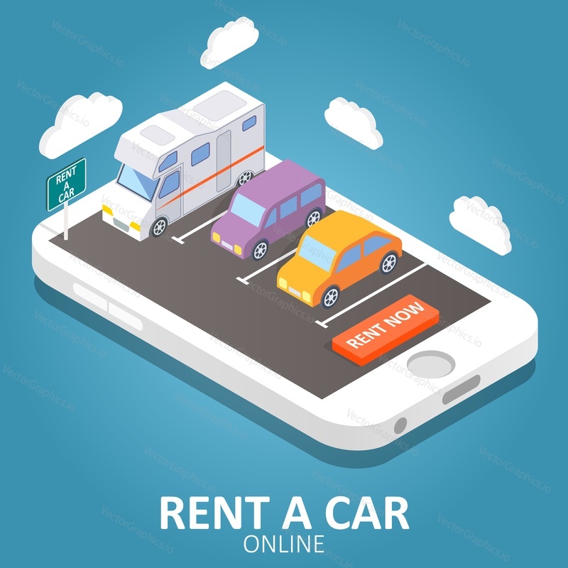 Online car rental concept vector isometric illustration. Smartphone with car, trailer, rent a car sign and rent now button. Mobile app design template.