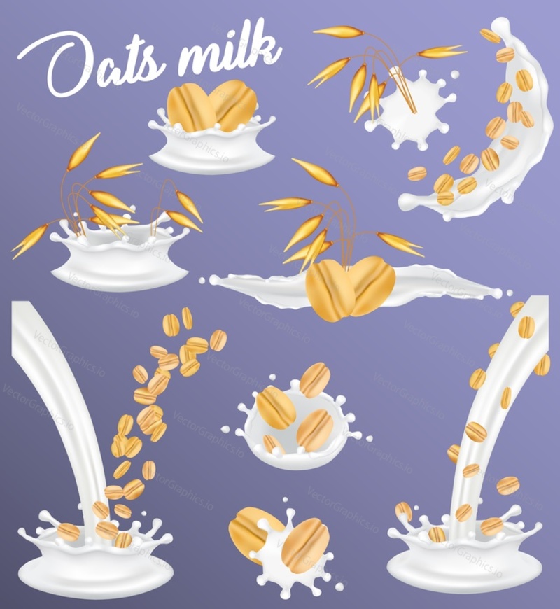 Oat milk splash set. Vector realistic illustration of oat ears, whole grains, rolled oats in vegan plant milk splashing and pouring. Healthy nutrition, creamy and delicious diet food.