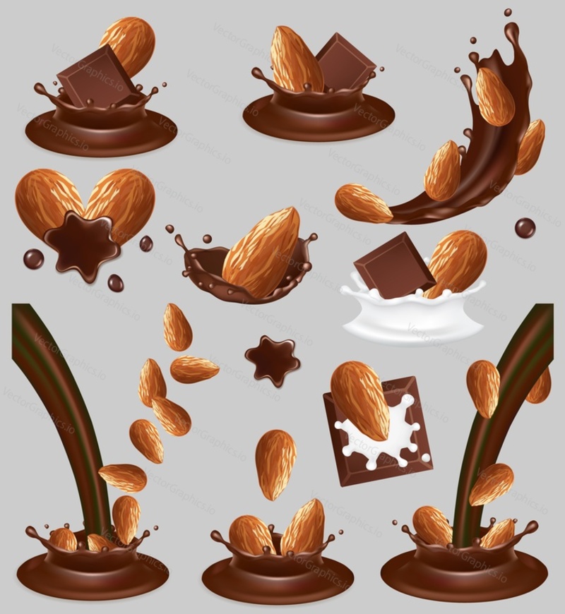 Almond nut in chocolate splash, vector realistic illustration. Whole almonds, pieces of chocolate in milk splashing.