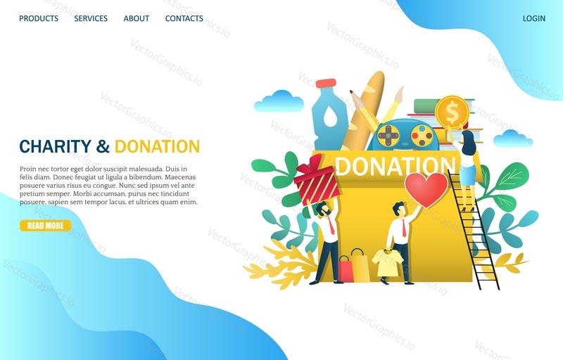 Charity and donation vector website template, web page and landing page design for website and mobile site development.