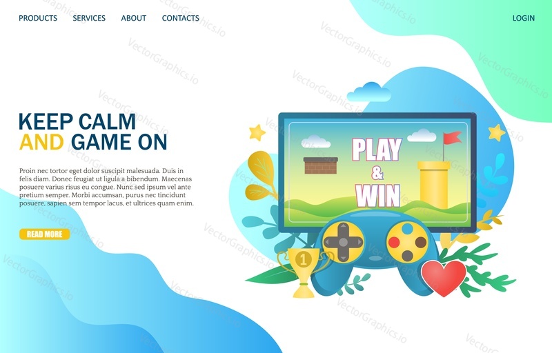 Keep calm and game on vector website template, web page and landing page design for website and mobile site development. Video games concept.