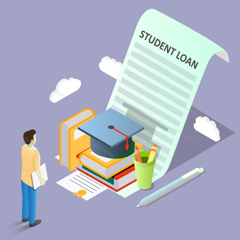 Student loan concept vector isometric illustration. Student loan agreement with books, graduation hat and student borrowing money to pay for education.