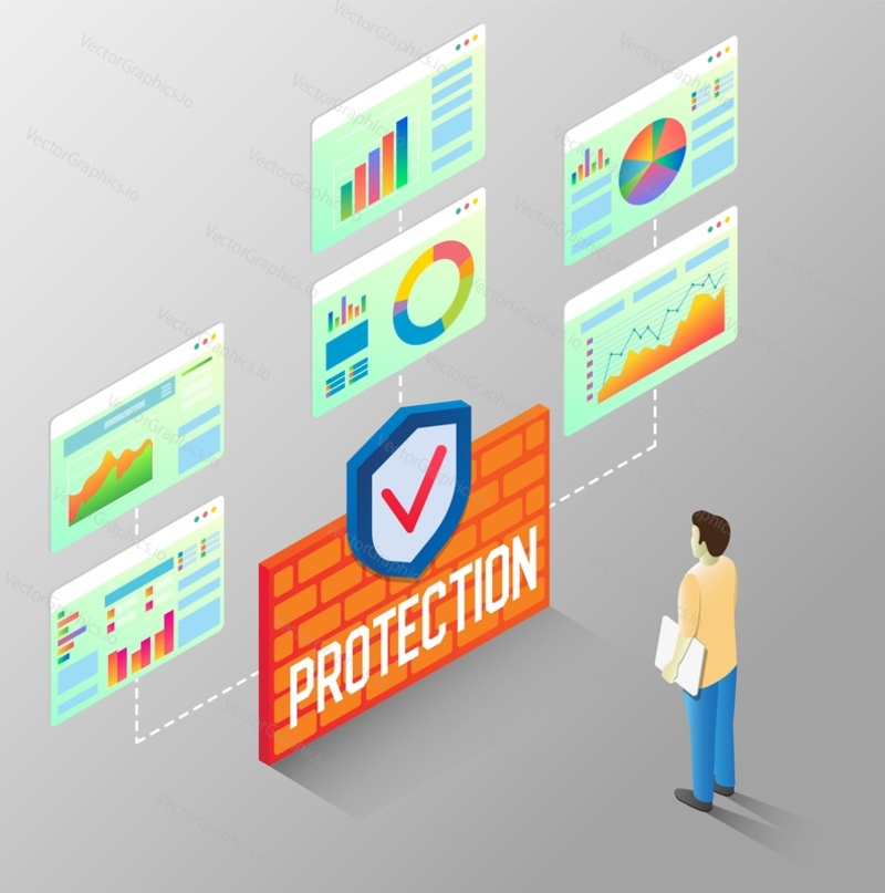 Protection reports flow chart template. Vector isometric charts and graphs linked with protection and security symbol by connecting lines.
