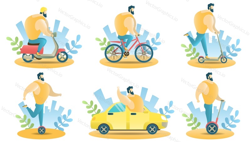 City transport for rent, vector illustration isolated on white background. Cool cartoon character beard man riding electric scooter, bicycle, push scooter, gyroscooter, segway and driving car.