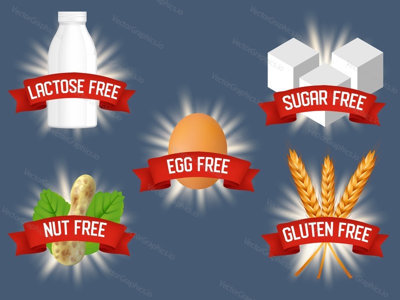 Векторный набор этикеток для продуктов, не содержащих аллергенов. Диетическое питание без лактозы, сахара, яиц, глютена, орехов. Концепция здорового питания и образа жизни.