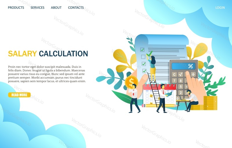 Salary calculation vector website template, web page and landing page design for website and mobile site development. Pay or wage calculation.