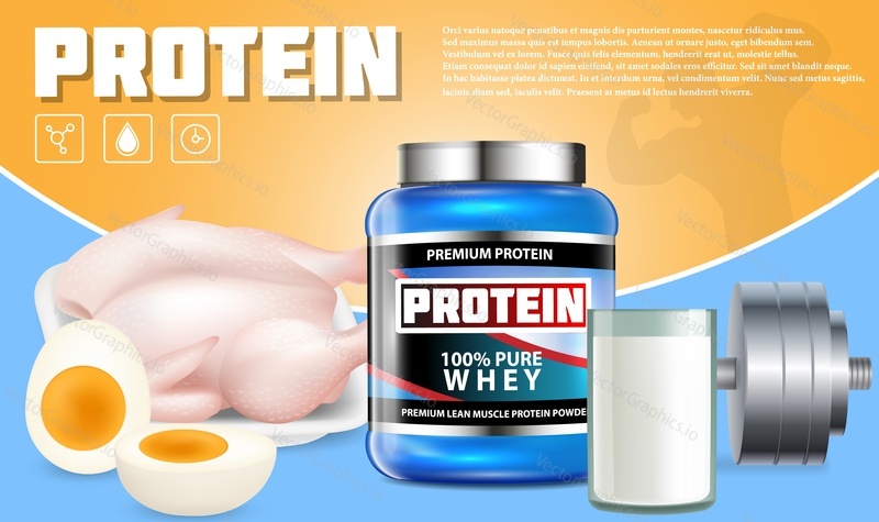 Protein products advertising template. Vector realistic illustration of whey protein powder container package design template, glass of protein shake, chicken meat, eggs and weight training barbell.