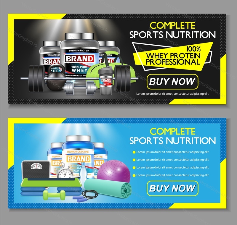 Complete sports nutrition vector horizontal banner set. Sports nutrition supplements whey protein and creatine powder brand advertising web templates.