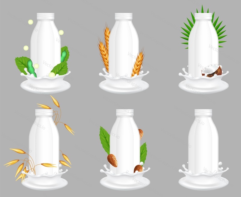 Cows and plant based vegan milk package mockup set. Vector realistic illustration of cow and vegetarian soya, rice, oatmeal, coconut, almond drink in white blank plastic bottles.