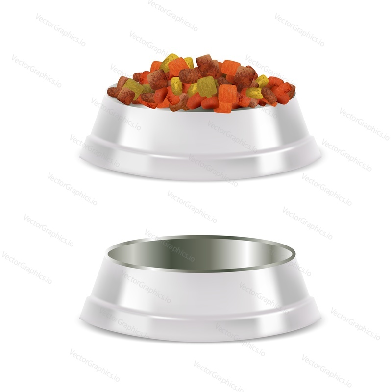 Pet food empty and full bowl icon set. Vector realistic illustration isolated on white background.