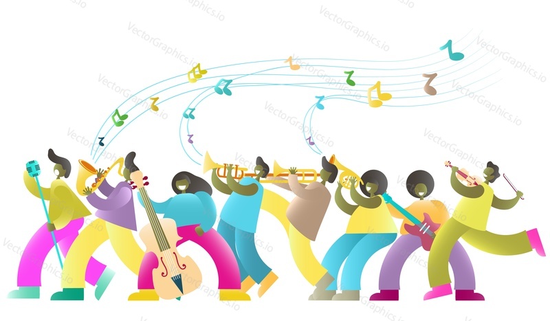 Jazz festival vector poster banner template with african american musicians jazz band cartoon characters playing musical instruments, dancing and singing.