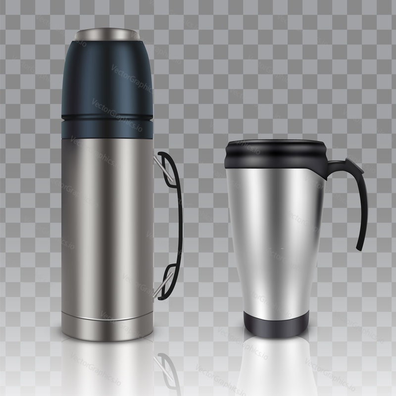 Thermos thermo cup travel mug mockup set. Vector realistic illustration isolated on transparent background.
