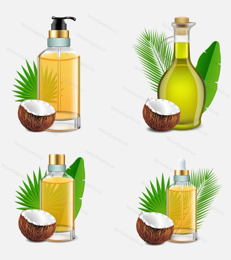 Набор кокосового масла. Векторная реалистичная иллюстрация бутылок с кокосовым маслом, листьев пальмы, используемых для приготовления пищи, кожи и волос.