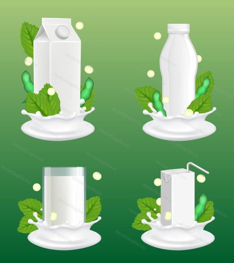 Soy milk package mockup set. Vector realistic illustration of lactose free vegan milk in glass, white blank plastic bottle and carton paper pack with liquid splash and soy plant beans and leaves.