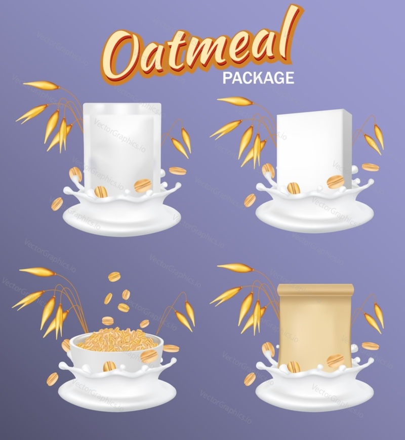 Healthy oatmeal package mockup set. Vector realistic illustration. White blank foil food snack sachet bag, brown kraft paper zipper pouch, cardboard box and bowl with milk splash and oat ears.