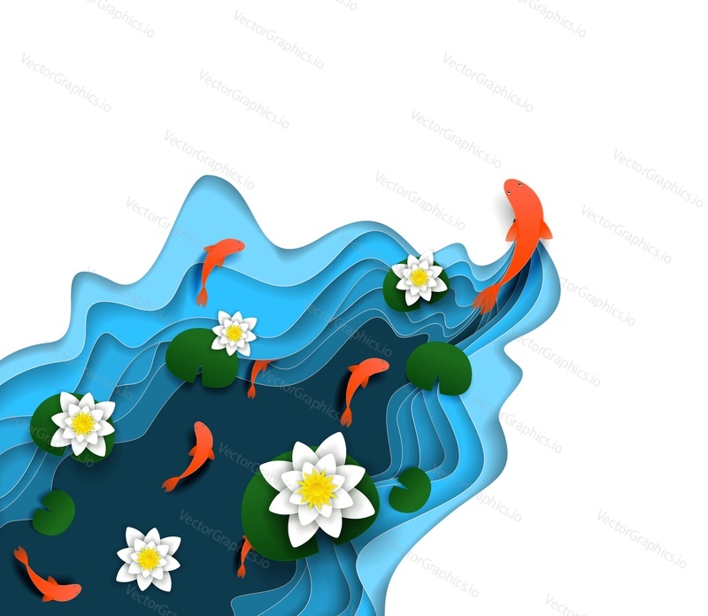 Water lily, koi carp fish swimming in the water. Vector illustration in paper art style. Modern origami design element.