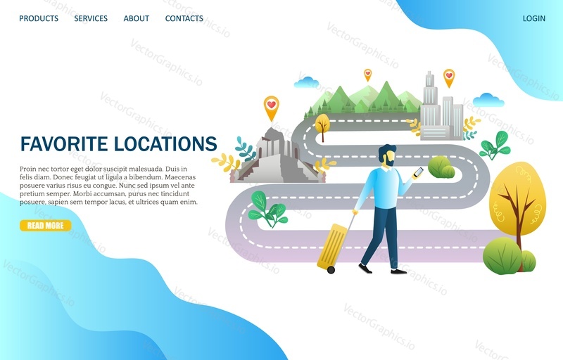 Favorite locations vector website template, web page and landing page design for website and mobile site development. Tourist going sightseeing using his smartphone with saved favorite places on map.
