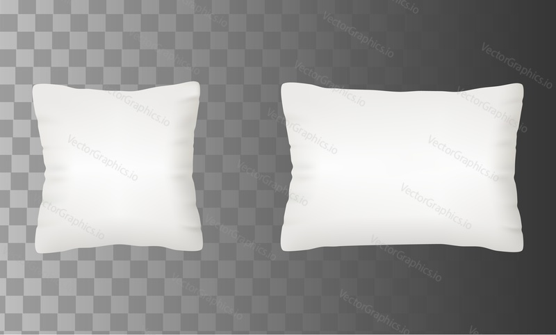 Blank white pillow mock up set. Square and rectangle shape cushion icon set. Vector realistic illustration isolated on transparent background.