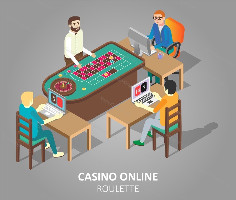 Casino online roulette game concept. Vector isometric illustration of people playing casino game at virtual roulette table.