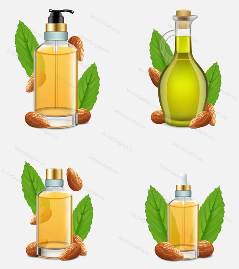 Almond nut oil set. Vector realistic illustration of sweet almond oil bottles and whole almonds with leaves. Health and beauty product.