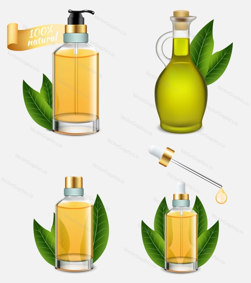 Tea tree oil bottle set. Vector realistic illustration of melaleuca essential oil bottles with green tea leaves. Natural product used in traditional medicine and cosmetics.