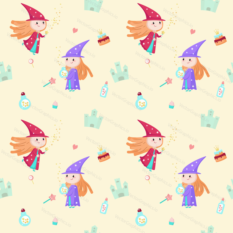 Vector seamless pattern with cute little girls, kind sorceresses, fairy tale characters doing magic using magic wand and potion. Childish enchantress background, wallpaper, fabric, wrapping paper.