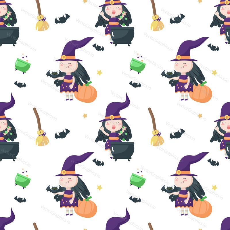 Vector seamless pattern with cute little witch preparing magic potion in cauldron and broomsticks, pumpkins, bats around her. Halloween background, wallpaper, fabric, wrapping paper.