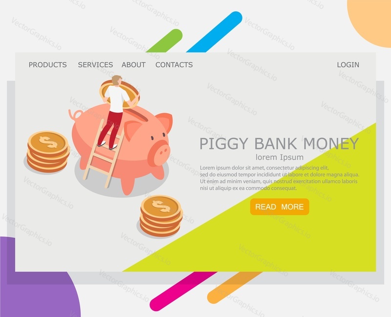 Piggy bank money vector website template, web page and landing page design for website and mobile site development. Money savings, financial investment concepts.
