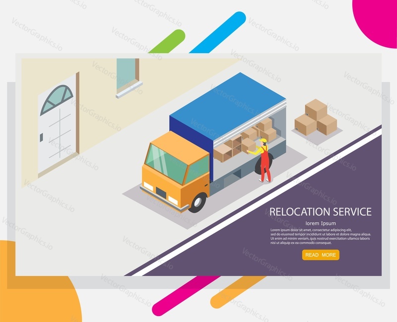 Relocation service web banner design template. Vector isometric truck and worker unloading cardboard boxes. Concept of moving or relocation.