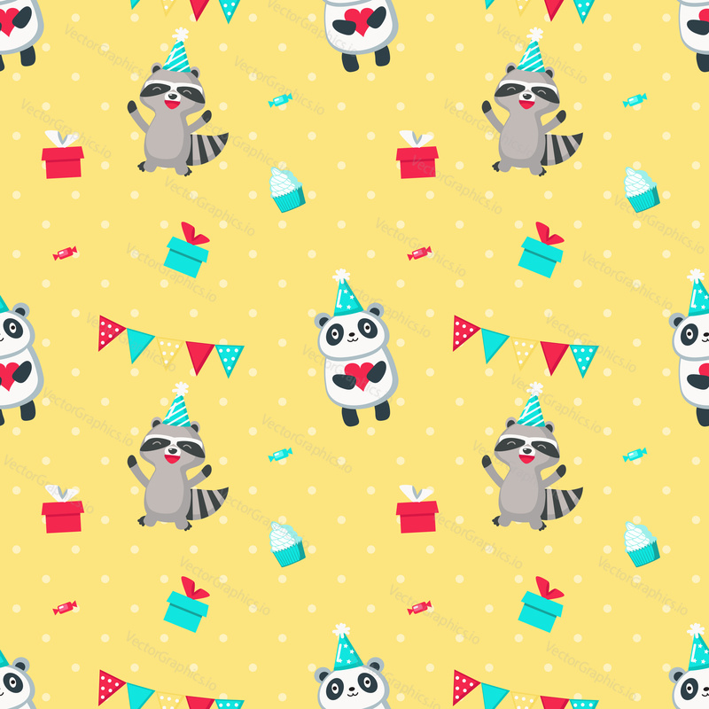 Vector seamless pattern with cute raccoon and panda wearing party hats and gift boxes, candies, cupcakes, party pennants around them. Happy birthday background, wallpaper, fabric, wrapping paper.
