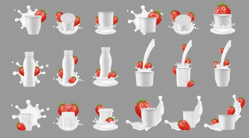 Strawberry yogurt package with splash mockup set. Vector realistic white blank plastic bottle cup container for dessert, yoghurt, fresh strawberry and milk splashing and pouring.