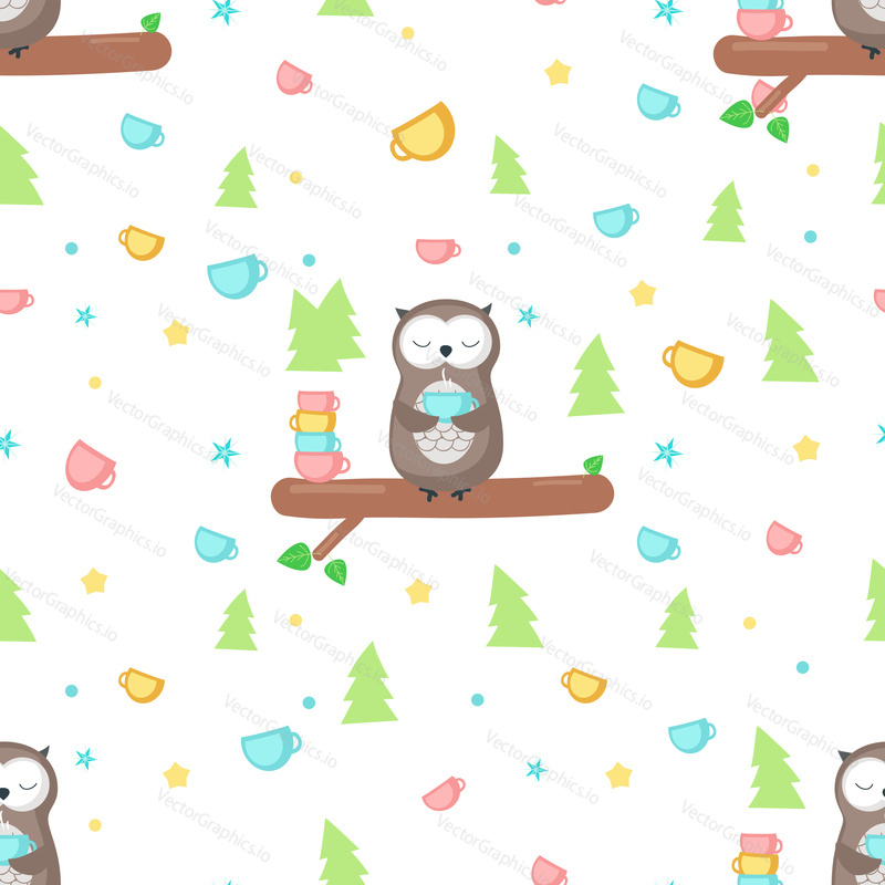 Vector seamless pattern with cute owl sitting on tree branch with cup of tea. Funny eating animals background, wallpaper, fabric, wrapping paper.