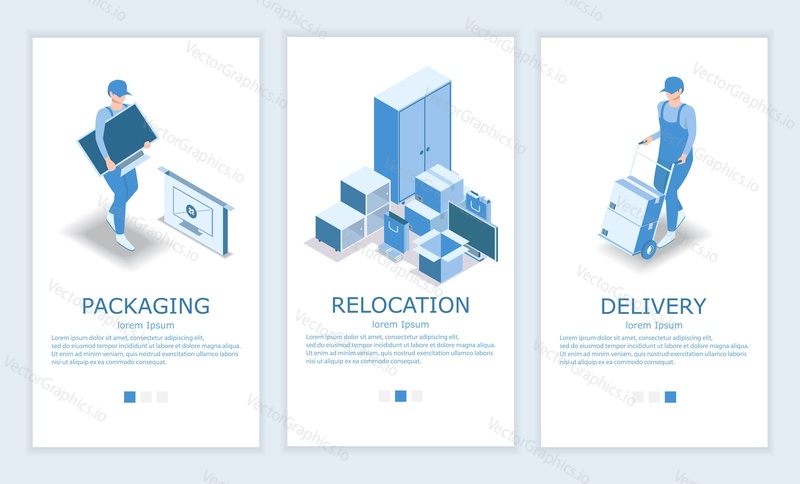 Vector set of moving or relocation concept mobile app onboarding screens. Packaging, Relocation and Delivery services website design templates and web banners.