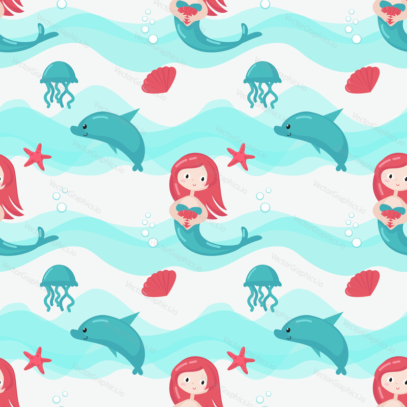 Vector seamless pattern with cute mermaids and marine animals. Beautiful swimming girls with jellyfish, starfish, seashell and dolphin. Childish mermaid background, wallpaper, fabric, wrapping paper.