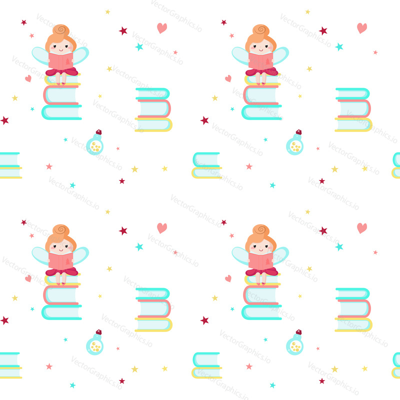 Vector seamless pattern with cute little girls, mythical creatures and fairy tale characters with wings reading book. Childish fairy background, wallpaper, fabric, wrapping paper.