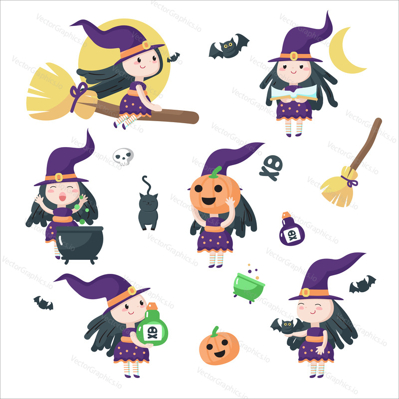 Cute little witches riding broomstick, preparing potion in boiling cauldron etc. Vector illustration isolated on white background. Halloween witches for party invitation, poster, sticker, print.