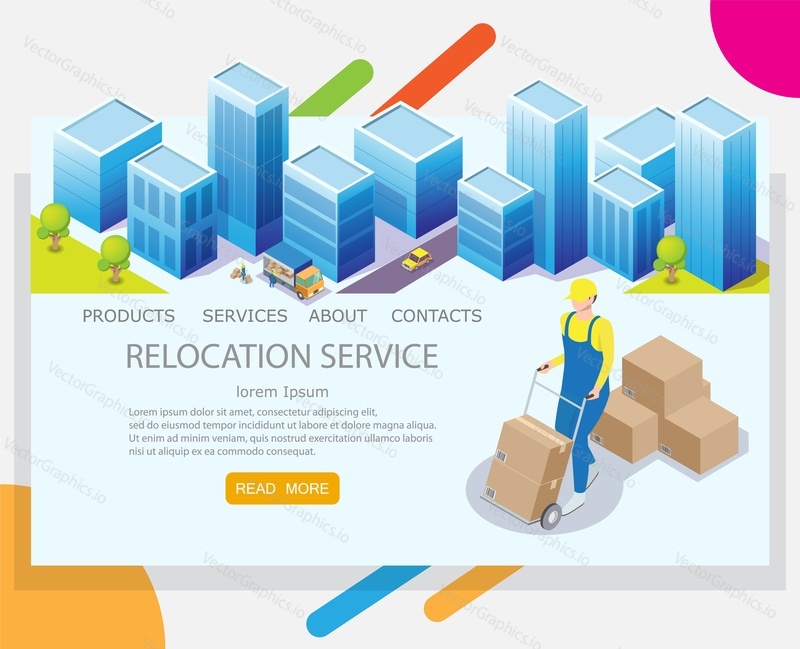 Relocation service vector website template, web page and landing page design for website and mobile site development. Worker pushing cart with cardboard boxes. Moving or relocation concept.