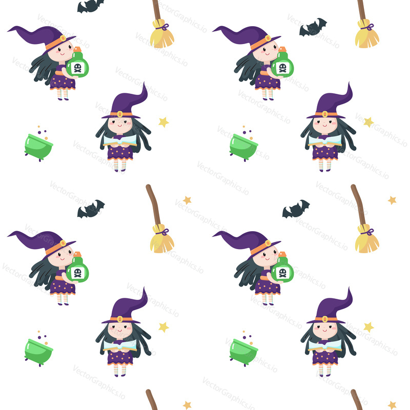 Vector seamless pattern with cute little witch reading magic book, holding potion bottle and broomsticks, cauldrons, bats around her. Halloween background, wallpaper, fabric, wrapping paper.