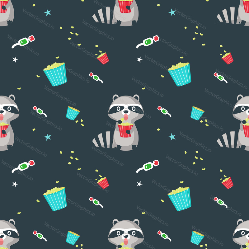 Vector seamless pattern with cute raccoon eating popcorn. Funny raccoon background, wallpaper, fabric, wrapping paper.