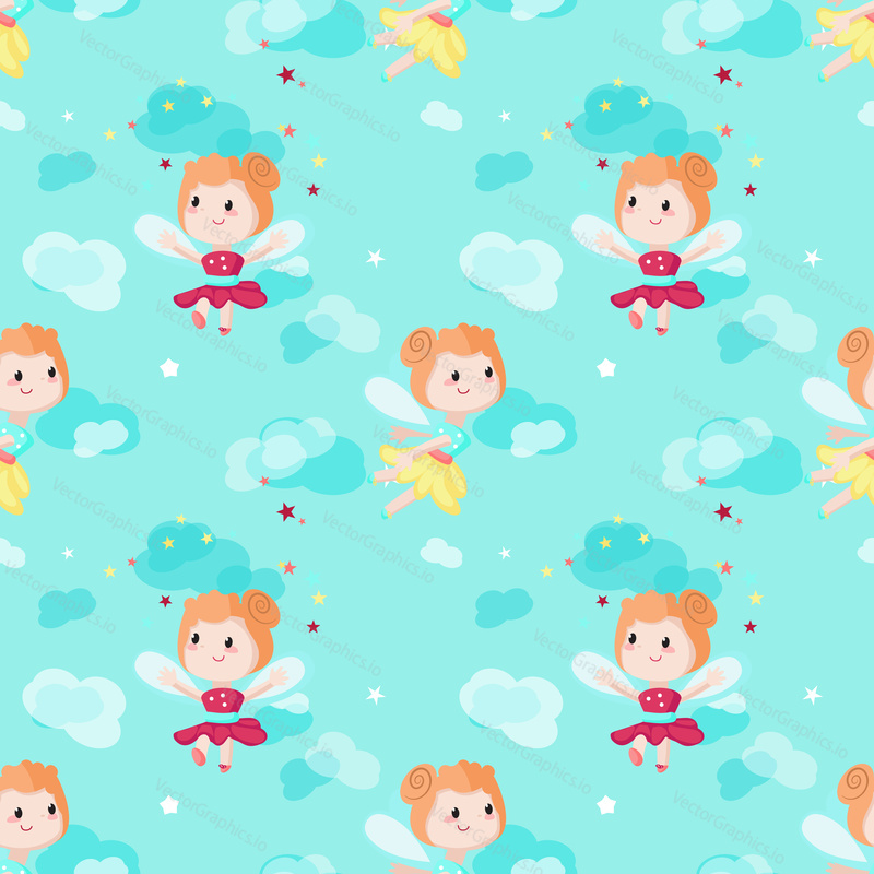 Vector seamless pattern with cute little girls, mythical creatures and fairy tale characters with wings flying in the sky. Childish fairy background, wallpaper, fabric, wrapping paper.