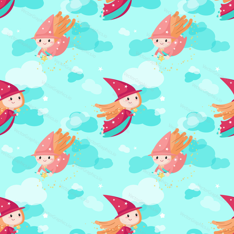 Vector seamless pattern with cute little girls, mythical creatures and fairy tale characters with magic wand flying in the sky. Childish enchantress background, wallpaper, fabric, wrapping paper.