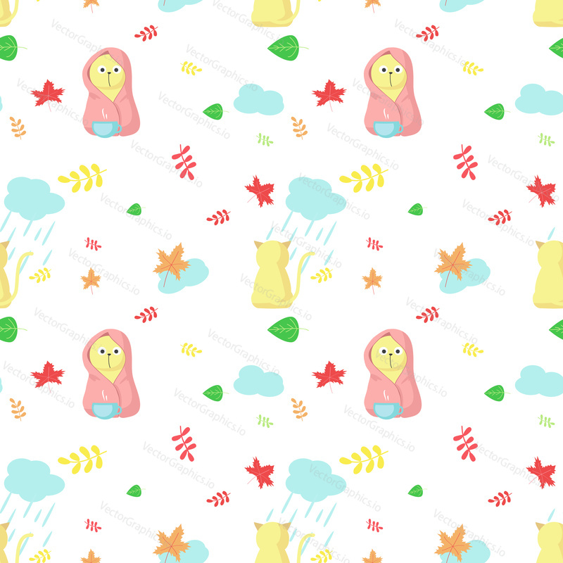 Vector seamless pattern with cute cats, autumn leaves, clouds with rain drops. Funny autumn cats background, wallpaper, fabric, wrapping paper.