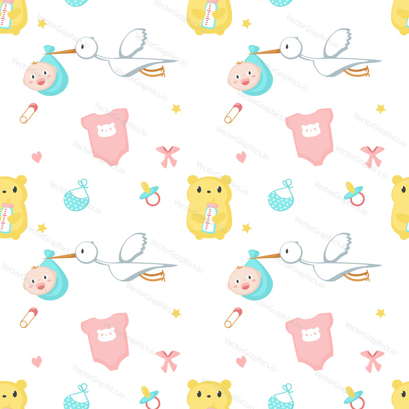 Vector seamless pattern with cute bear holding milk bottle, stork with newborn, baby clothes and accessories. Baby shower background, wallpaper, fabric, wrapping paper.