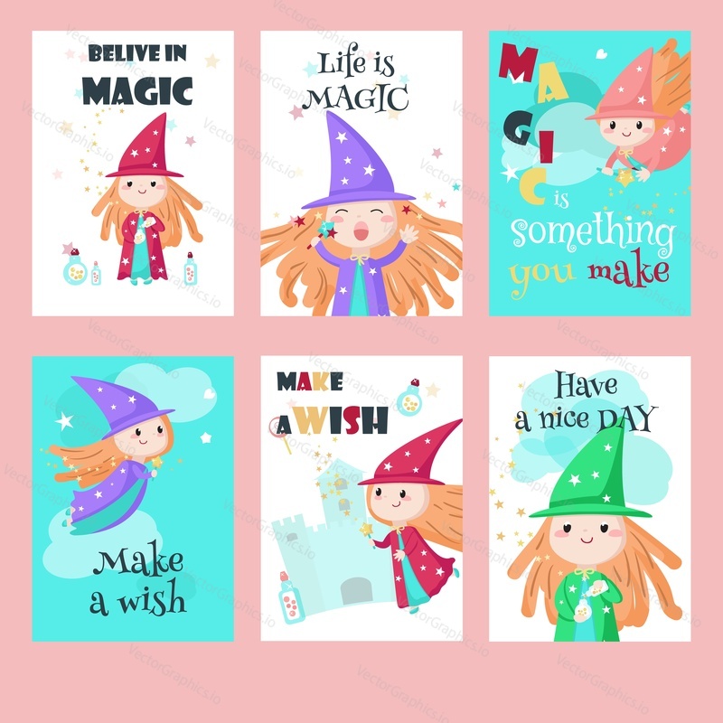 Vector set of cards with cute enchantress and inspirational quotations. Beautiful little girls, mythical creatures and fairy tale characters with magic wand and magic potion.