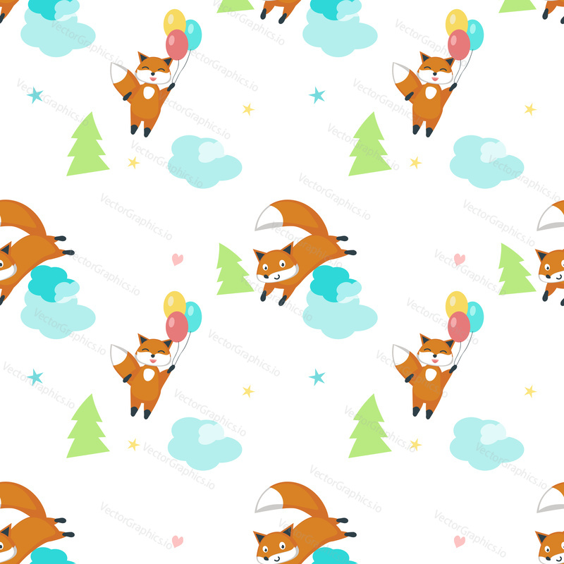 Vector seamless pattern with cute foxes flying in the sky. Funny animals background, wallpaper, fabric, wrapping paper.